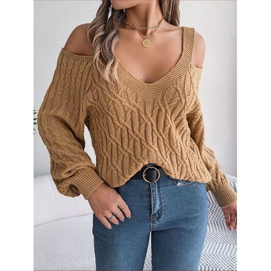 Cable-Knit Cold Shoulder Long Sleeve Sweater