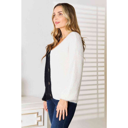 WOVEN RIGHT Contrast Button-Front V-Neck Cardigan