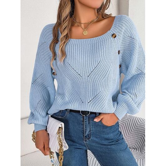 Openwork Buttoned Square Neck Sweater