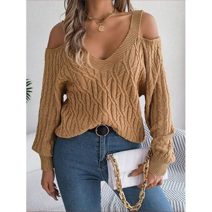 Cable-Knit Cold Shoulder Long Sleeve Sweater