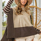 BiBi Mocha/Oatmeal Striped Contrast Long Sleeve Slit Top