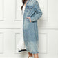 VEVERET Full Size Distressed Raw Hem Pearl Detail Button Up Jacket