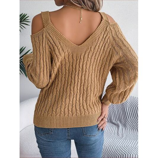 Cable-Knit Cold Shoulder Long Sleeve Sweater