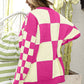 BIBI Button Up Checkered Contrast Cardigan