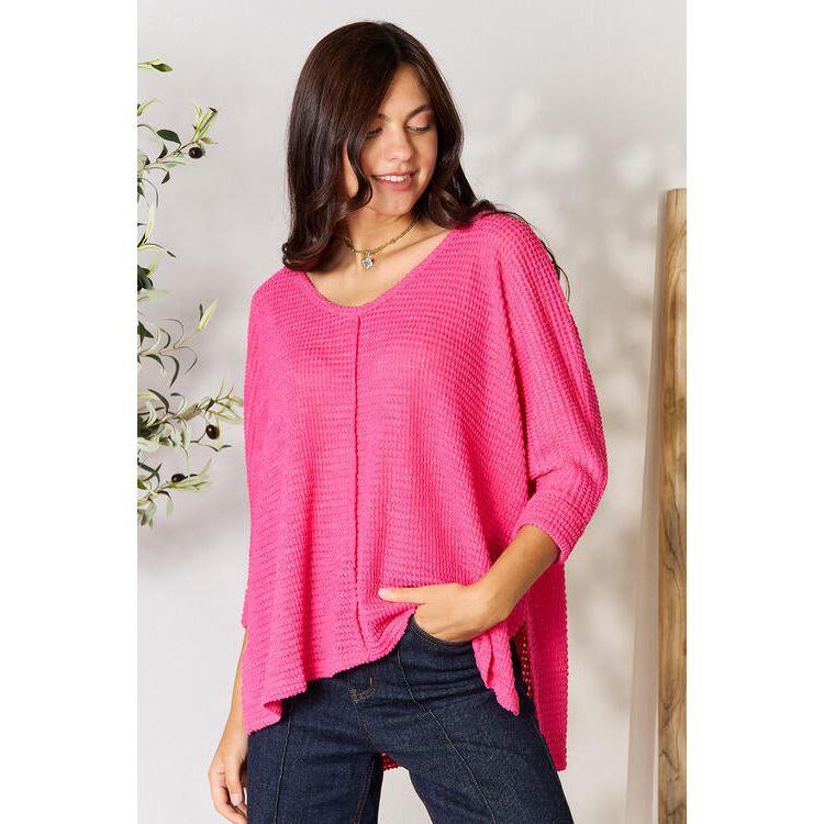 ZENANA Full Size Round Neck High-Low Slit Knit Top