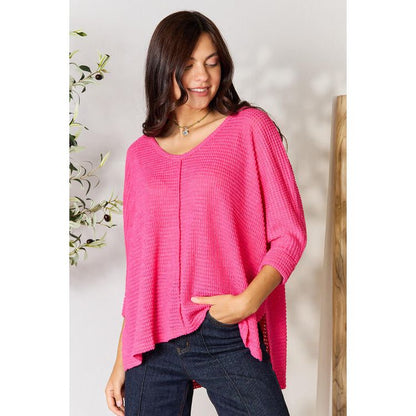 ZENANA Full Size Round Neck High-Low Slit Knit Top