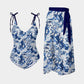 Printed Tie Shoulder Swimwear and Skirt Swim Set