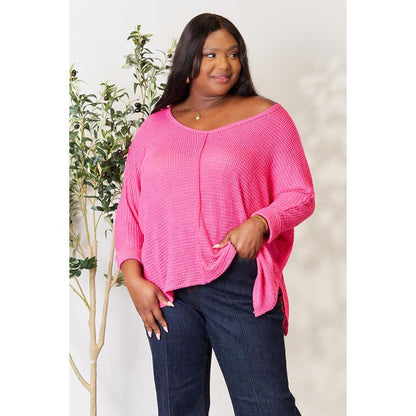 ZENANA Full Size Round Neck High-Low Slit Knit Top