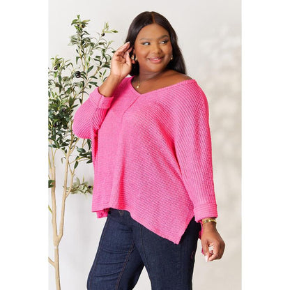ZENANA Full Size Round Neck High-Low Slit Knit Top
