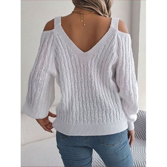 Cable-Knit Cold Shoulder Long Sleeve Sweater