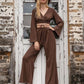 Coffee Brown Tied Flare Sleeve Top and Pants Set