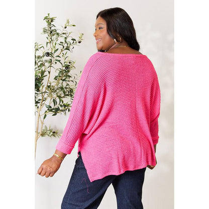 ZENANA Full Size Round Neck High-Low Slit Knit Top