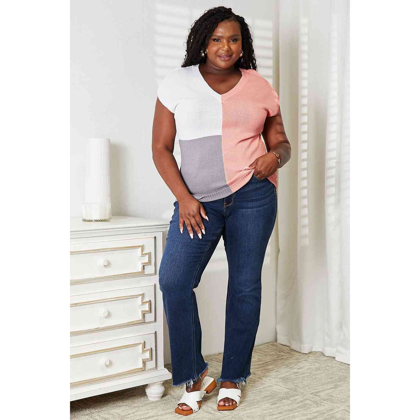 DOUBLE TAKE Color Block V-Neck Knit Top