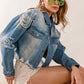 BiBi Pearl Detail Distressed Cropped Denim Jacket