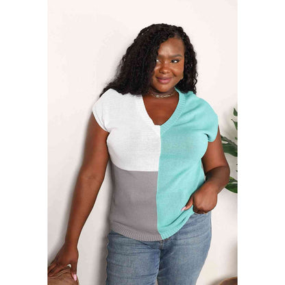 DOUBLE TAKE Color Block V-Neck Knit Top