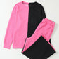 Pink/Black Color Block Round Neck Sweatshirt and Pants Set