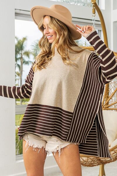 BiBi Mocha/Oatmeal Striped Contrast Long Sleeve Slit Top