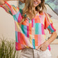 BiBi Multivivid Color Block Smocked Short Sleeve Blouse