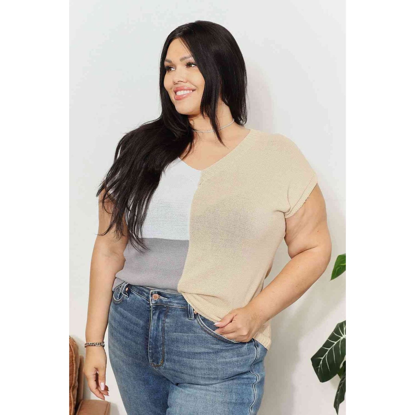 DOUBLE TAKE Color Block V-Neck Knit Top