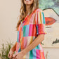 BiBi Multivivid Color Block Smocked Short Sleeve Blouse
