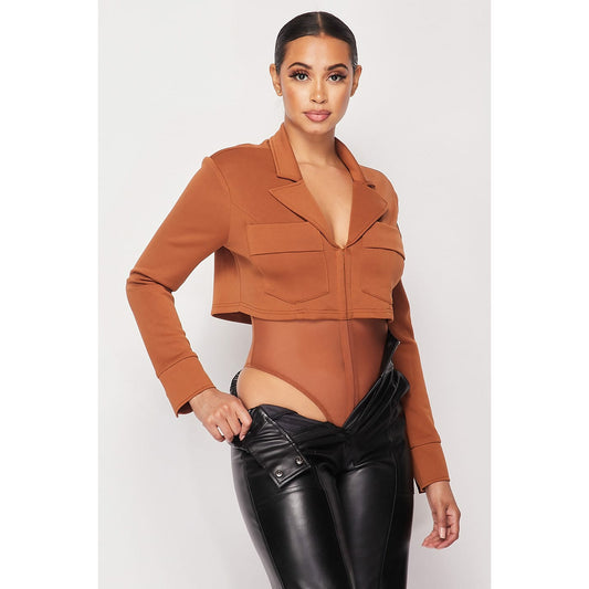 Camel Deep-v Cropped Power Shoulder Blazer Bodysuit
