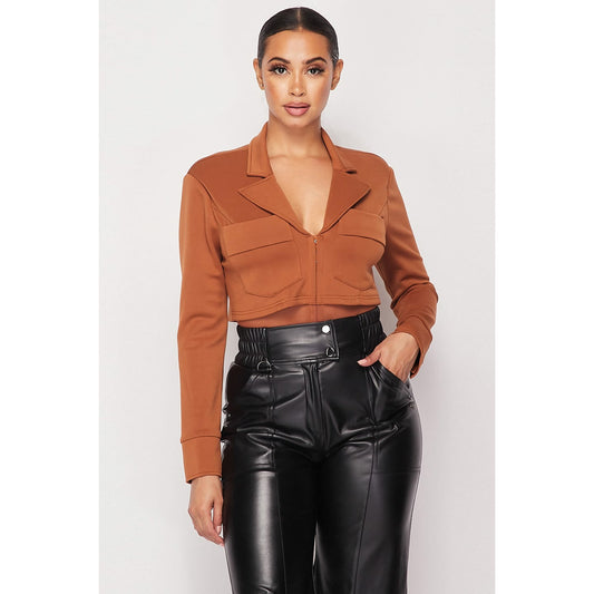 Camel Deep-v Cropped Power Shoulder Blazer Bodysuit