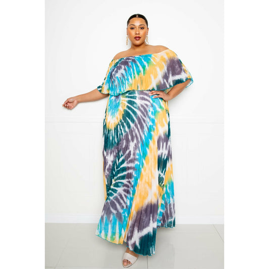 Robe longue plissée à épaules dénudées et effet tie-dye