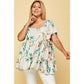 Haut Tendance à Carreaux Rayon Challis Imprimé Floral de Grande Taille à Col Carré