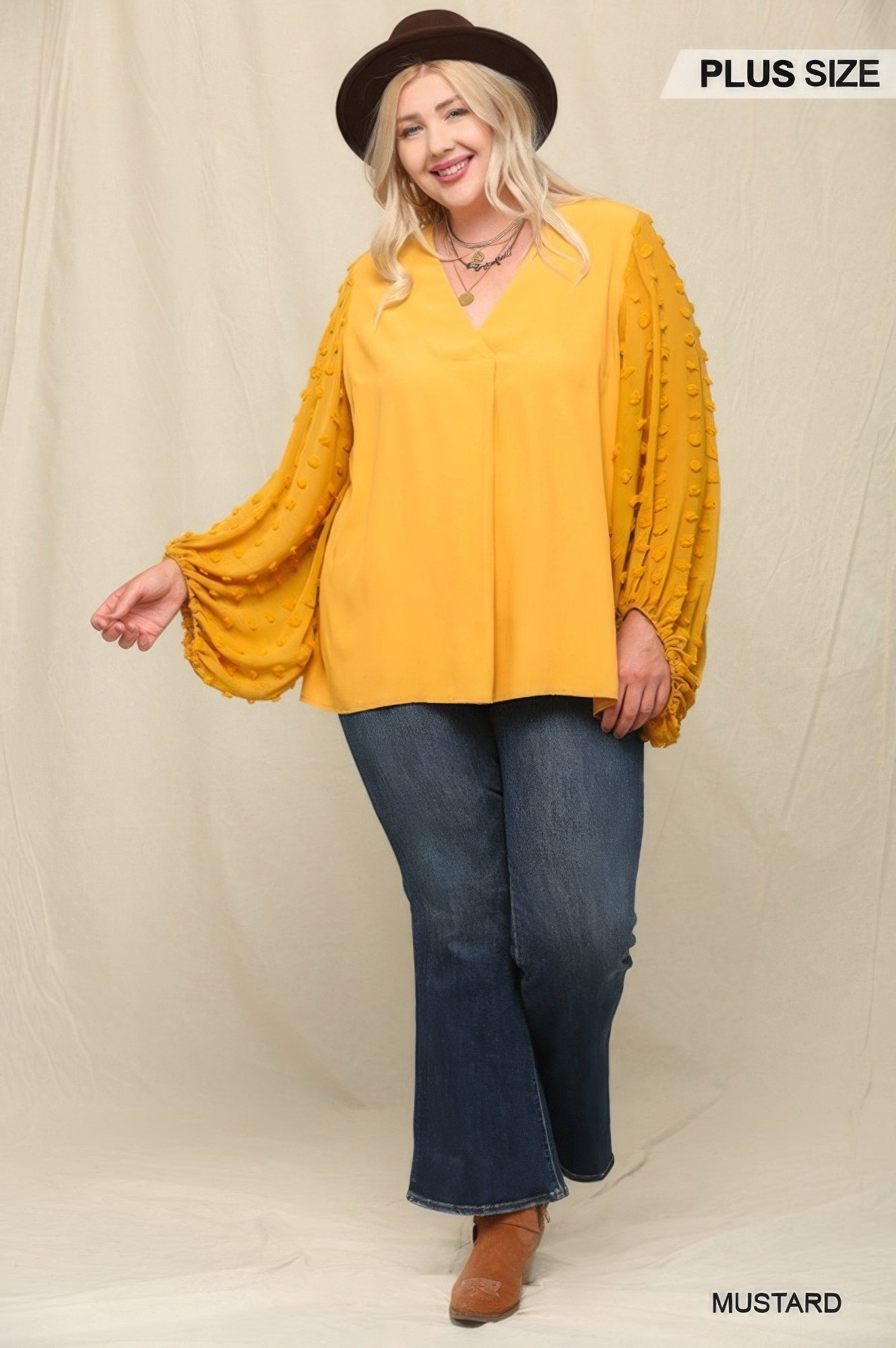 Woven And Textured Plus-size Chiffon Top With Voluminous Sheer Sleeves