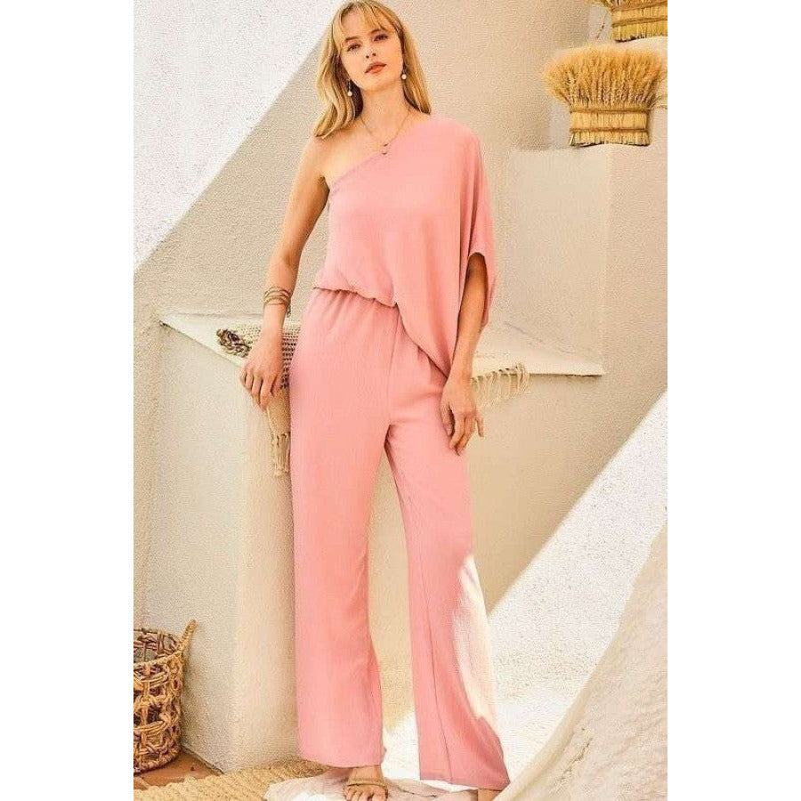 One Shoulder 3/4 Sleeve Unbalanced Waist Elastic Solid Pants Jumpsuit