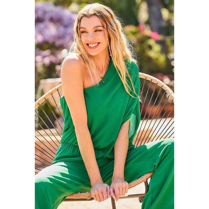 One Shoulder 3/4 Sleeve Unbalanced Waist Elastic Solid Pants Jumpsuit