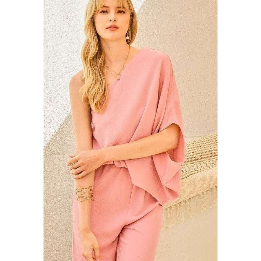 One Shoulder 3/4 Sleeve Unbalanced Waist Elastic Solid Pants Jumpsuit