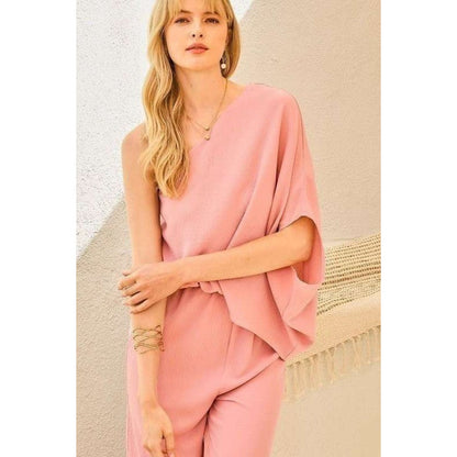 One Shoulder 3/4 Sleeve Unbalanced Waist Elastic Solid Pants Jumpsuit