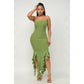 Green Tube Cocktail Dress with Bottom Ruffle Trim Hem