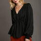 Women's Black V-neck Satin Blouse with Cuffed Long Sleeve