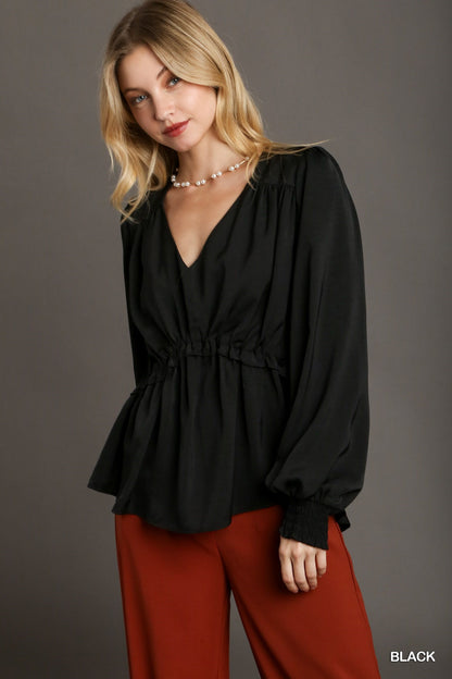 Women's Black V-neck Satin Blouse with Cuffed Long Sleeve