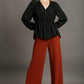 Women's Black V-neck Satin Blouse with Cuffed Long Sleeve