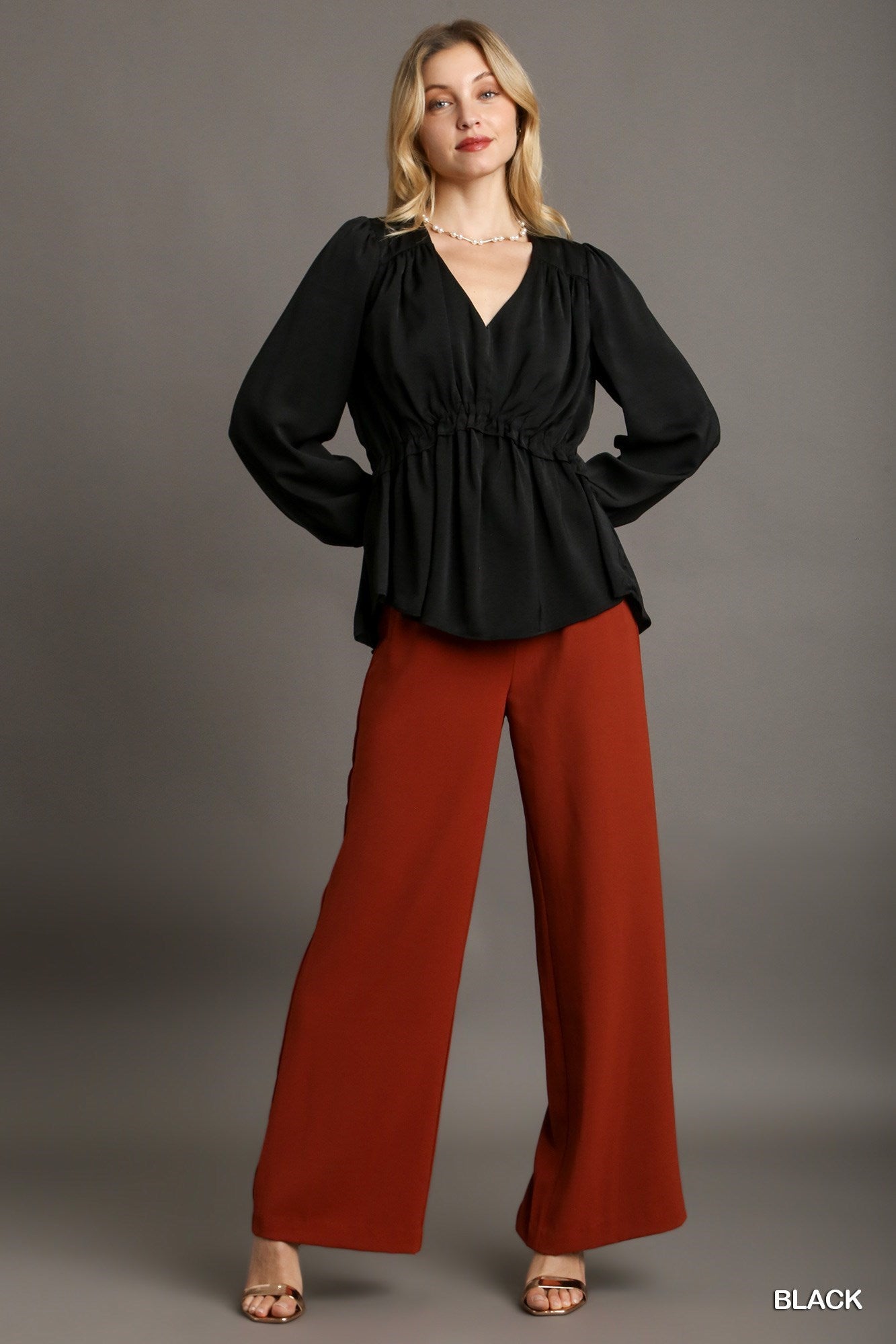Women's Black V-neck Satin Blouse with Cuffed Long Sleeve