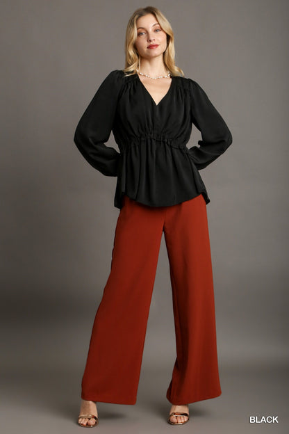 Women's Black V-neck Satin Blouse with Cuffed Long Sleeve