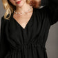 Women's Black V-neck Satin Blouse with Cuffed Long Sleeve