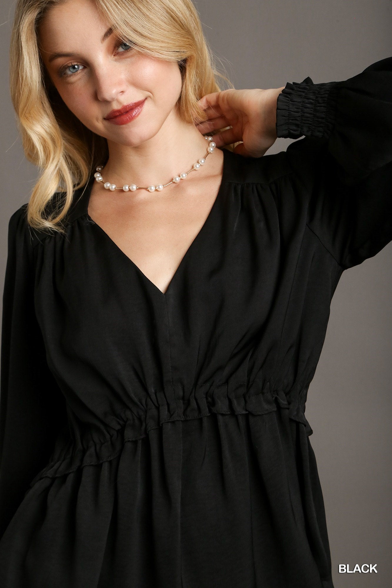 Women's Black V-neck Satin Blouse with Cuffed Long Sleeve