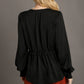 Women's Black V-neck Satin Blouse with Cuffed Long Sleeve