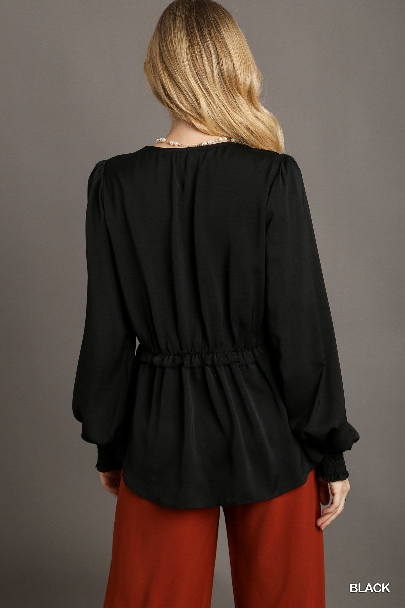 Women's Black V-neck Satin Blouse with Cuffed Long Sleeve