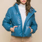 Blue Pu Faux Leather Zipper Hooded Puffer Jacket