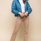 Blue Pu Faux Leather Zipper Hooded Puffer Jacket