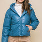 Blue Pu Faux Leather Zipper Hooded Puffer Jacket