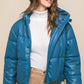 Blue Pu Faux Leather Zipper Hooded Puffer Jacket