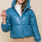 Blue Pu Faux Leather Zipper Hooded Puffer Jacket