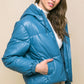 Blue Pu Faux Leather Zipper Hooded Puffer Jacket