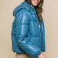 Blue Pu Faux Leather Zipper Hooded Puffer Jacket